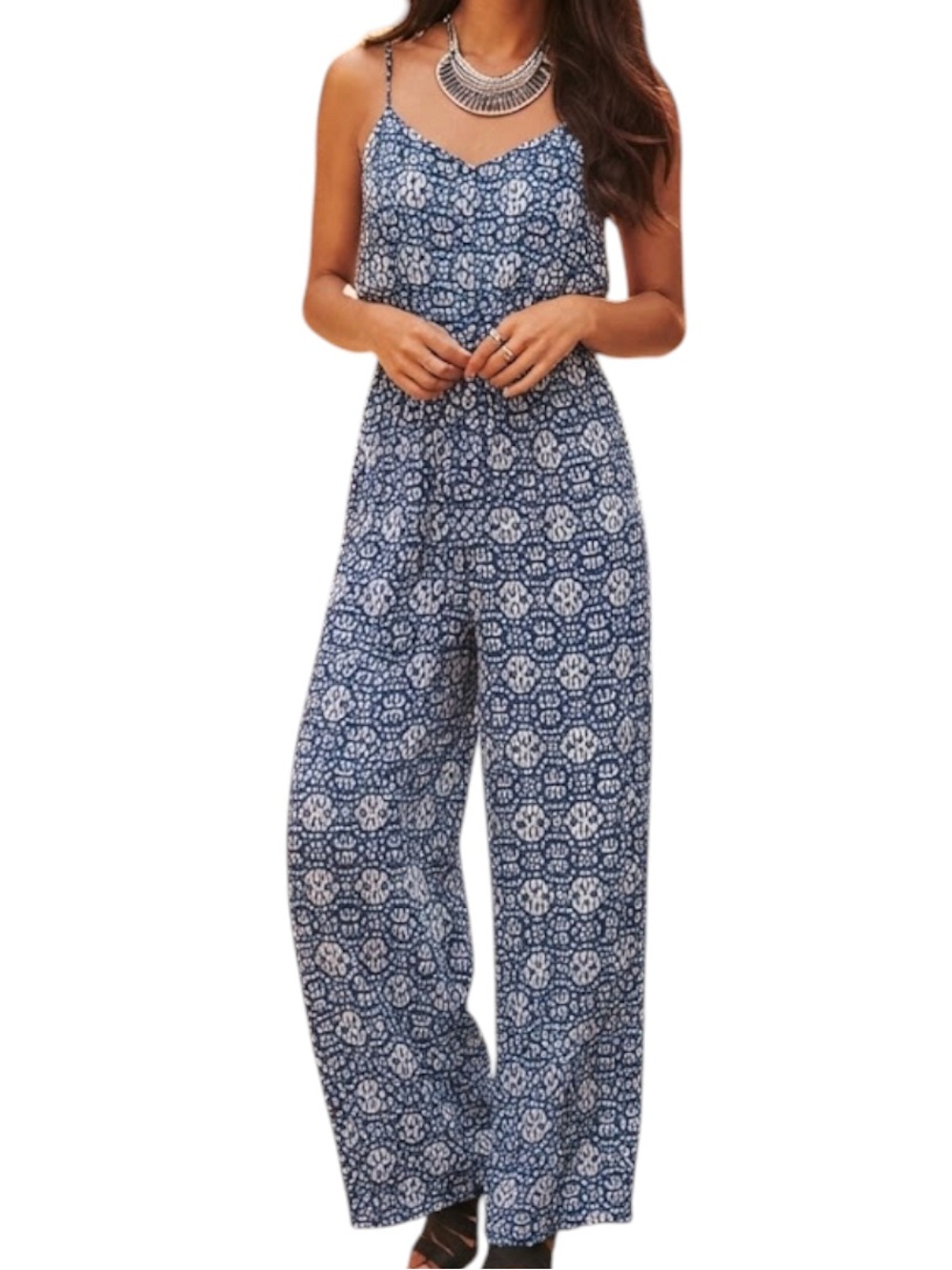 FOREVER 21 Blue Geo Print Wide Leg Jumpsuit Boho Small